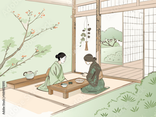 Two women in traditional kimonos partake in a Japanese tea ceremony within a serene setting