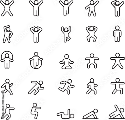 Thin line icon set for exercise workout fitness wellness activity training gym sport health movement aerobics stretching running jumping. Pixel perfect silhouette icons editable stroke.