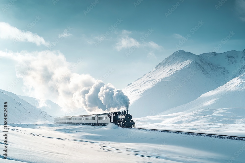 Obraz premium Vintage steam train moving through snowy mountain landscape