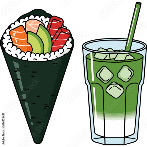 Cone-shaped sushi filled with fresh salmon and avocado, with a cold matcha drink on the side, great for Japanese restaurant menus, cooking websites, and cookbooks.