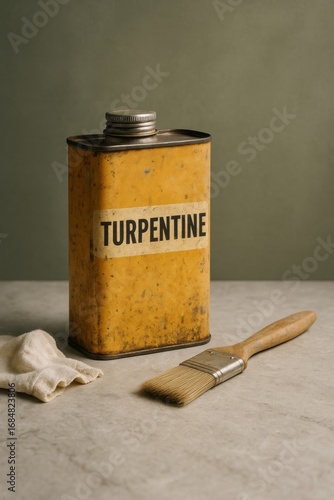A vintage can of turpentine alongside a paintbrush and cloth, ready for art or crafts. The scene exudes a sense of artistry and craftsmanship.