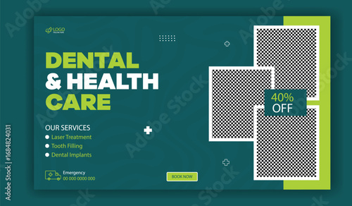 Modern dental and health care services advertisement with happy patients and special offer