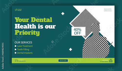 Modern dental clinic advertisement promoting oral health services and special offers with happy patients