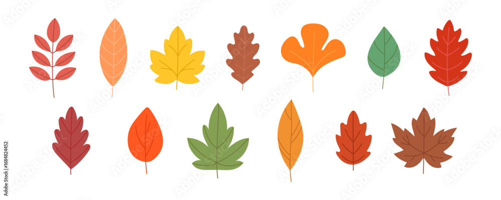 Obraz premium Hand-drawn autumn leaves set. Bright seasonal foliage elements for creative projects, invitations, wallpapers, and harvest-themed illustrations. Flat vector fall collection.