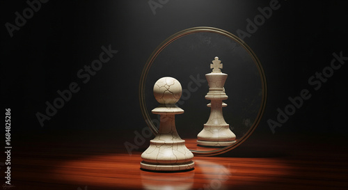 A humble chess pawn gazes into a mirror, reflecting a powerful king, symbolizing growth, hidden potential, and the journey from modesty to majesty