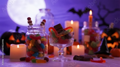 Halloween-themed candy display with jars, candles, and spooky decorations under a full moon