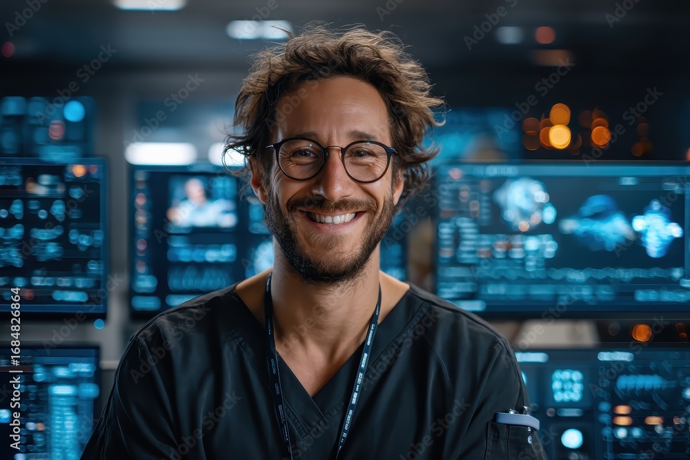 Fototapeta premium Cheerful healthcare professional in modern medical environment with technology