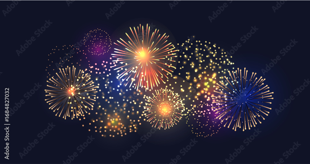 Fototapeta premium Bright fireworks explode in the night sky, festive fireworks, sparkling sparks of light lights. Perfect for New Year, holidays, parties and etc