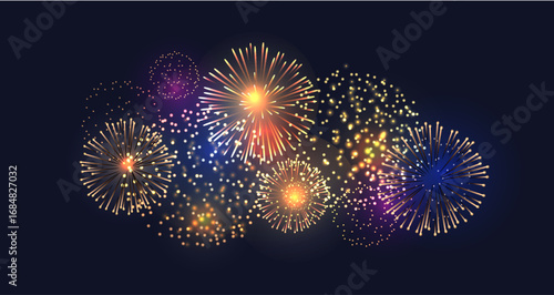 Bright fireworks explode in the night sky, festive fireworks, sparkling sparks of light lights. Perfect for New Year, holidays, parties and etc