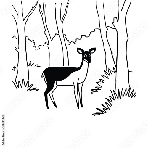 A black and white illustration of a deer standing in a forest clearing deer in the woods