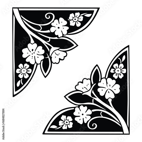 Elegant floral corner design isolated on white background features intricate blossoms and leaves perfect for adding a touch of sophistication black and white floral background