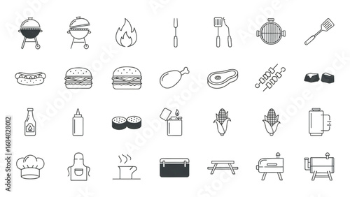 Barbecue Icons Set | Thin Line Editable Stroke Symbol Collection for Grill, BBQ, and Outdoor Cooking