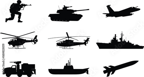 Military Silhouettes of Vehicles, Aircraft, and Personnel – Tactical Vector for Army, Navy, Air Force, and Combat Themes
