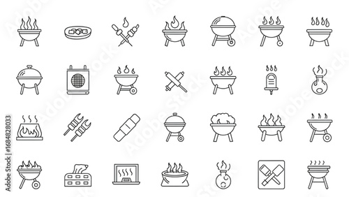 Barbecue Icons Set | Thin Line Editable Stroke Symbol Collection for Grill, BBQ, and Outdoor Cooking