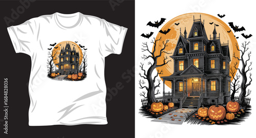 Haunted house graphic vector t shirt design print.