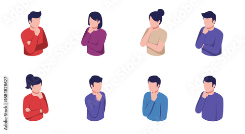 Diverse collection of isometric anonymous figures in various thoughtful poses