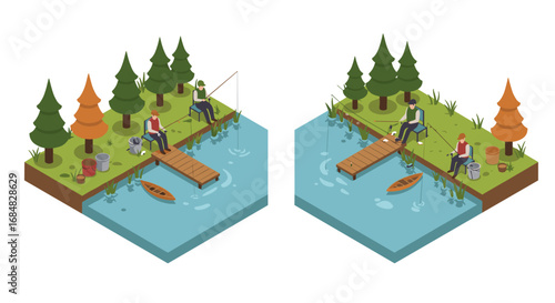 Isometric fishing scene with two men on a dock by a forest lake