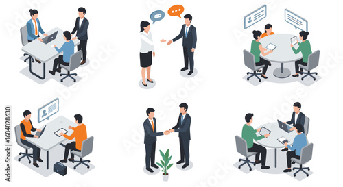 Isometric office meeting scenes with business professionals collaborating