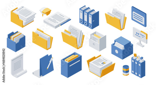 Modern office essentials in isometric style with files, folders, binders, and stationery