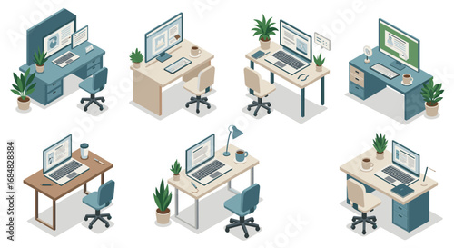 Modern isometric office desks with computers and plants for workspace inspiration