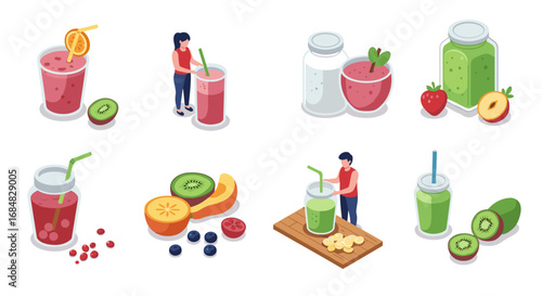 Healthy smoothies and fresh ingredients in isometric design