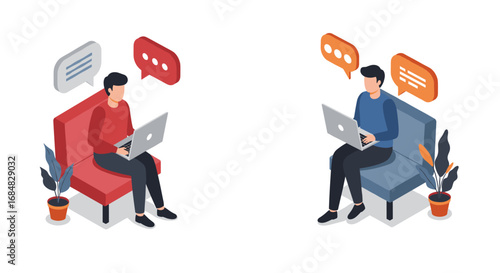 Remote work communication in isometric style with digital devices and speech bubbles