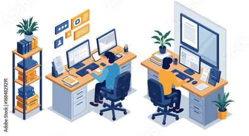 Modern office workspace isometric design with two people working at desks