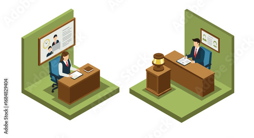Isometric office and courtroom scene with desk and judge