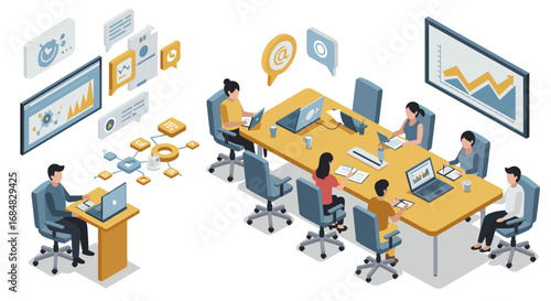Modern office team collaboration in isometric design with digital technology and data analysis