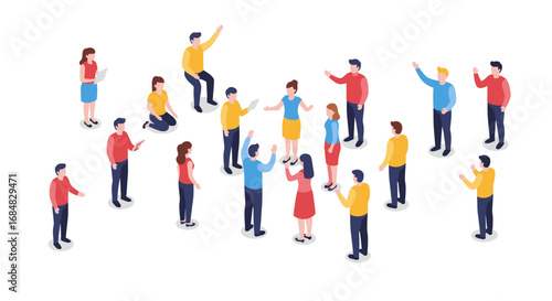 Isometric group conversation: diverse people engaging in team discussion