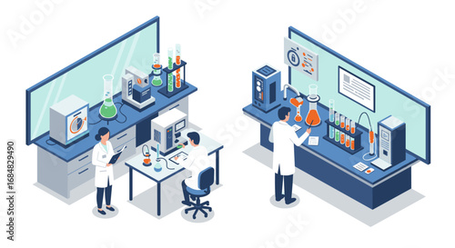 Isometric laboratory scene with scientists conducting experiments in modern lab environment