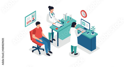 Healthcare professionals and patient in modern medical office isometric design