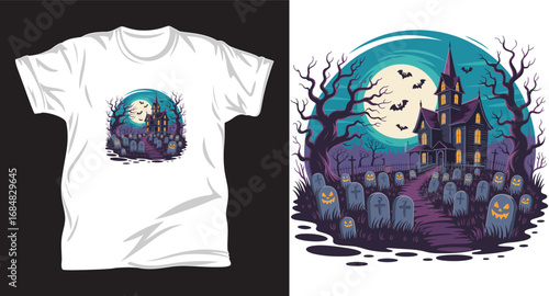 Haunted house graphic vector t shirt design print.