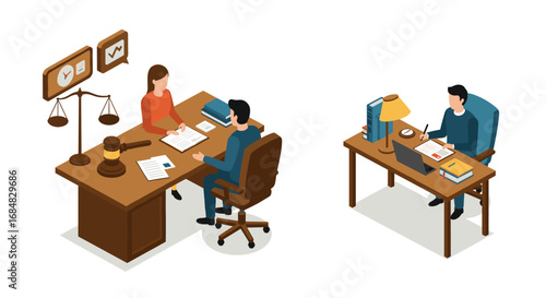 Isometric office scene with business meeting and freelancer at work