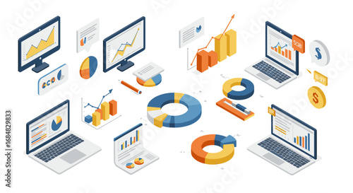 Isometric financial analysis and data visualization with laptops and charts