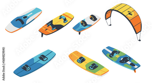 Colorful kiteboarding equipment collection on white background