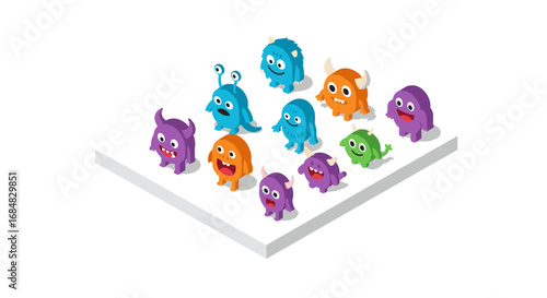 Colorful isometric monsters: playful cartoon creatures on white background