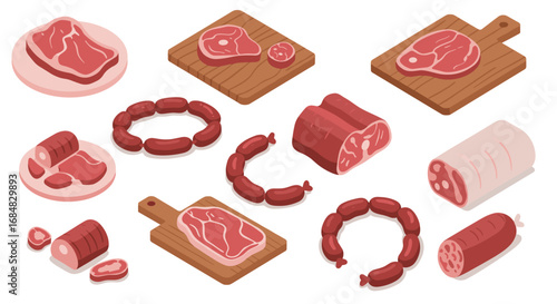 Isometric meat selection on cutting boards with sausages and slices