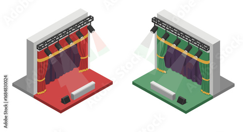 Isometric theater stages with curtains and spotlights in red and green