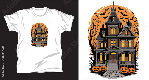 Haunted house graphic vector t shirt design print.