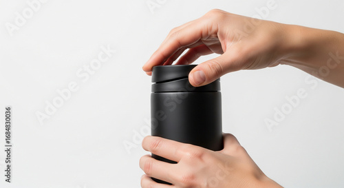 Close-up of hands carefully opening a sleek black reusable travel mug, symbolizing a commitment to eco-conscious daily routines and enjoying beverages on the go