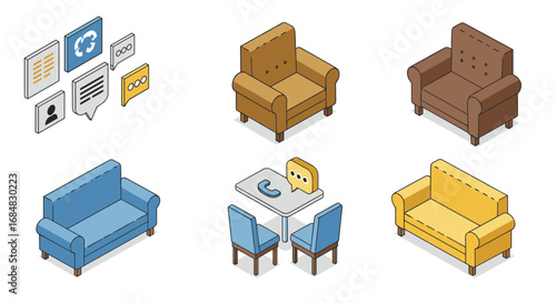 Isometric furniture and communication icons for modern interior designs
