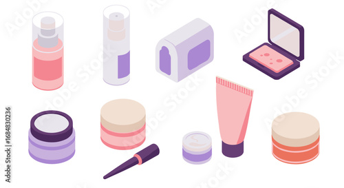 Isometric cosmetics collection with creams and makeup essentials