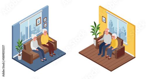 Elderly couple relaxing at home in contemporary isometric room setting