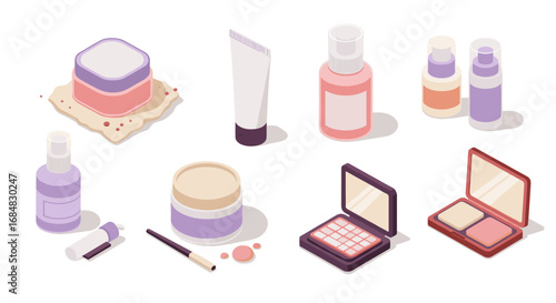 Isometric beauty products collection featuring skincare and makeup items
