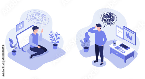 Isometric stress management: two men navigating work challenges with creative solutions
