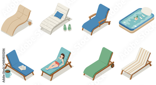 Isometric beach lounge chairs and poolside relaxation scenes