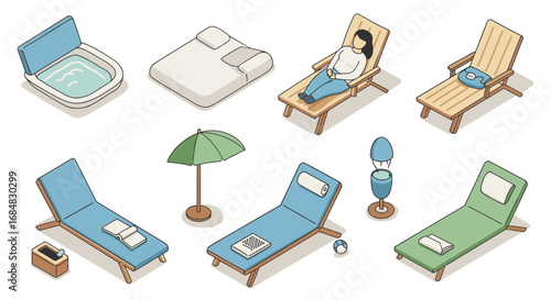 Isometric outdoor relaxation: loungers, umbrella, pool, and spa elements