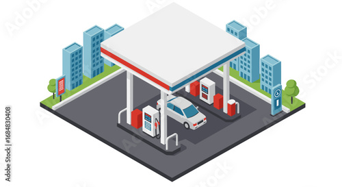 Isometric gas station with car and urban background