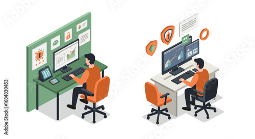 Isometric office scenes: data analysis and cybersecurity workstations